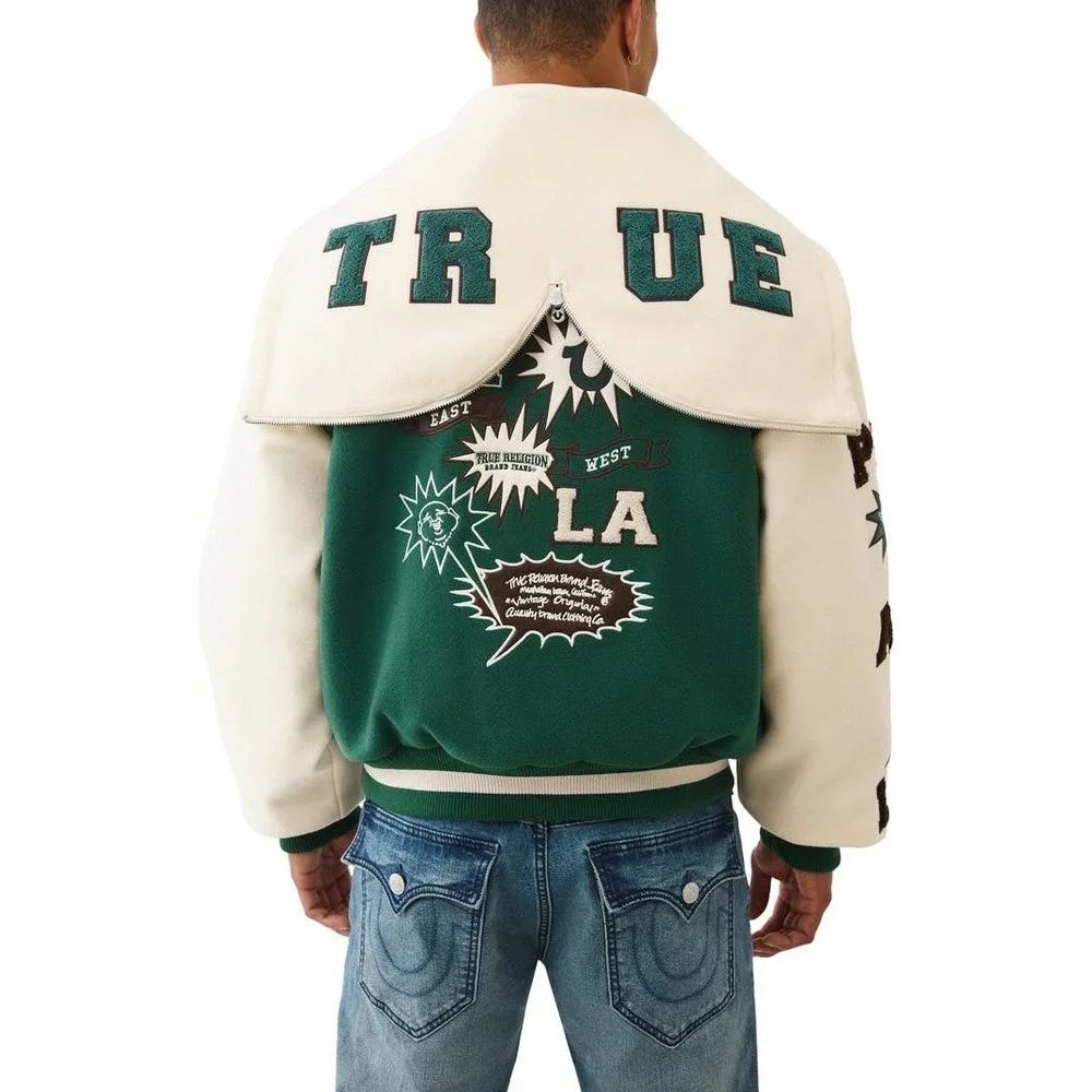 True Religion Retro Wool Varsity Jacket‎ Evergreen Winter White XXL 109636 NEW
